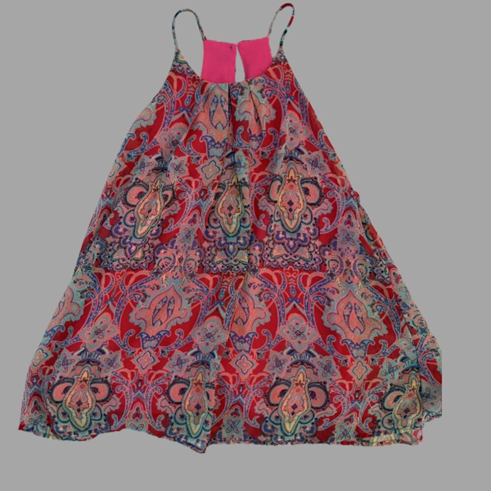 Everly Paisley Flowy Tank Top Small Red Pink Boho Chiffon Halter USA Made